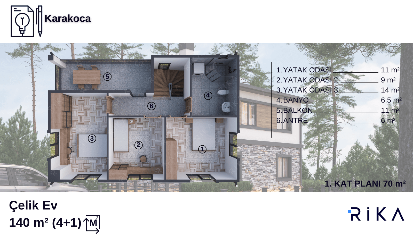 140 m2 Karakoca Çift Katlı Hafif Çelik Ev