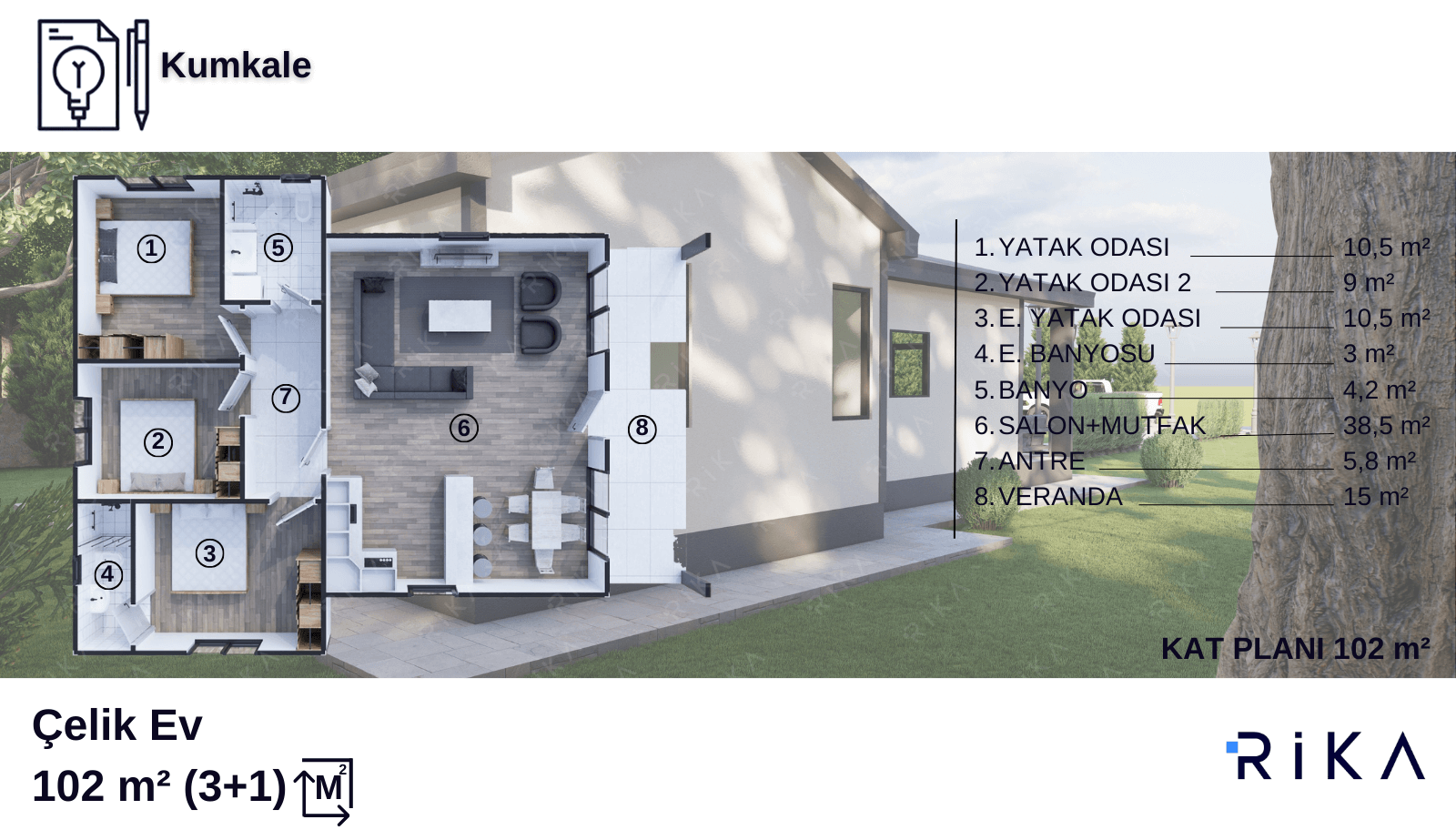 102 m2 Kumkale Tek Katlı Hafif Çelik Ev